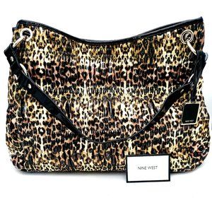 Nine West Wide Leopard / Cheetah Print Patent Faux Leather Purse Black Bottom